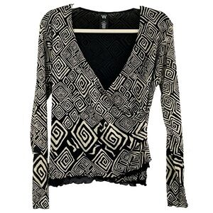 W by Worth Women’s‎ Y2K Geometric Deep V Neck Faux Wrap Top  Sz L